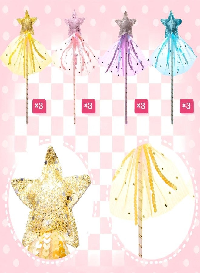 Mezchi 12 Pcs Glitter Princess Wand Kit, 12 Inch Angel Fairy Star Magic Dress-up Wands for Girl Kid Birthday Role Play Party Supply Favor, Costume Props, Pink, Blue, Purple, Yellow - Image 3